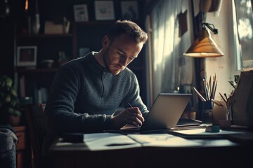 A person sitting at a desk with a laptop, likely working or browsing the internet.