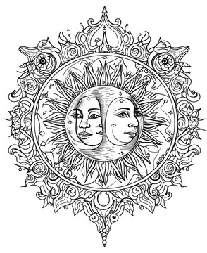 recommend clip art: Intricate Mandala With Sun and Moon Line Art Illustration