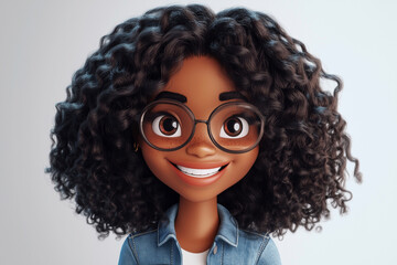 Obraz premium cartoon girl with curly hair and glasses is smiling. The cartoon is bright and cheerful, and the girl's smile conveys a sense of happiness and positivity