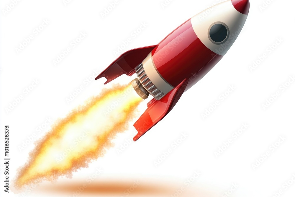 Poster a red and white rocket soaring through the sky.