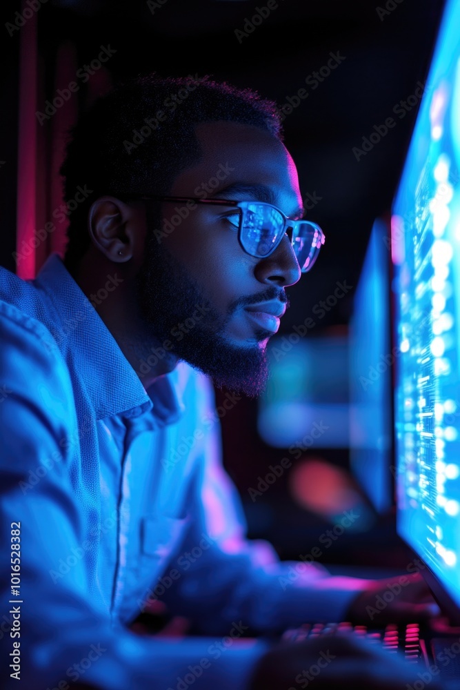 Poster A person wearing glasses sits in front of a computer screen, focused on the task at hand.
