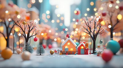 Handcrafted miniature Christmas scene, tiny ornaments and lights, 3D illustration