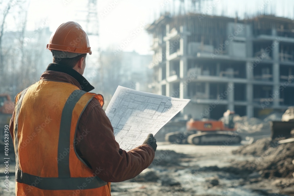 Poster A construction worker holding a blueprint near a building site, suitable for architecture or construction-related projects.