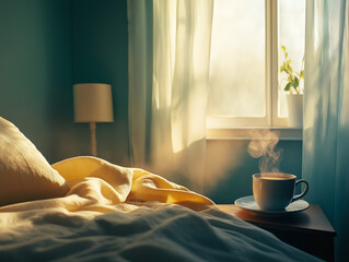 Słoneczny poranek z kawą w sypialni.