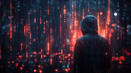 hacker in a hoodie back view under dark lighting abstract background of glowing data lines depicting the critical importance of cybersecurity and the battle against cyber threats.illustration