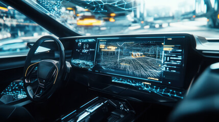 High-tech car interior with wireframe digital visuals