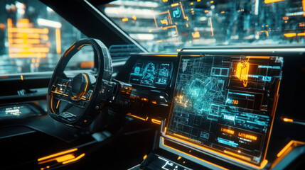 Naklejka premium Complex digital grid in futuristic car perspective