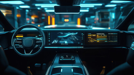 High-tech car cabin with expansive digital dashboard view