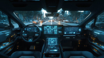 Futuristic car interior with digital dashboard at night