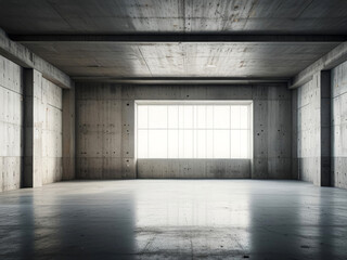 Empty sunny industrial premises, workshop, room with concrete walls and large windows.