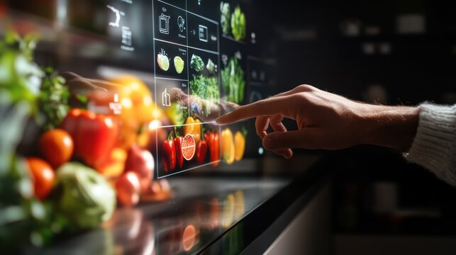 Interactive futuristic kitchen interface with vegetables