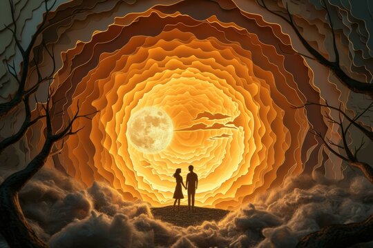 Silhouettes of romantic couple in an illuminated paper cut forest scene, highlighting love and intimacy in magical setting, symbolizing timelessness of true love