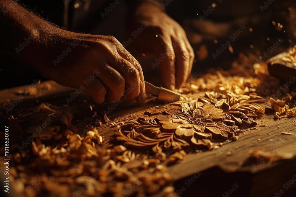 Poster a person cuts wood with scissors, a unique and unexpected method.