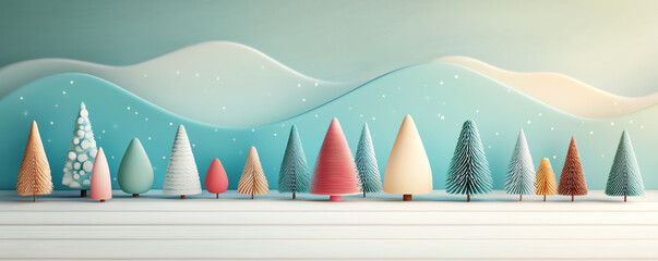 Obraz premium Handcrafted mini Christmas trees, vibrant holiday decorations, 3D illustration