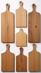 Isolated collection of old wooden cutting boards on a white background top view using Generative AI