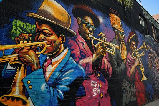 Vibrant mural on brick wall in New York City. Musicians in blue, red, black suits play instruments in diagonal line. Low-angle shot emphasizes height of mural, musicians. Clear blue sky backdrop.