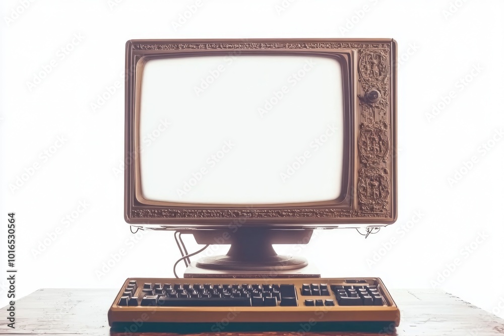 Poster an old computer monitor sits on top of a wooden desk.