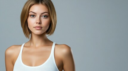 Fototapeta premium Beautiful brunette in white t-shirt doing breast self-examination Breast Cancer female breast, support, prevention, mammography, screening, oncology, cancer treatment.