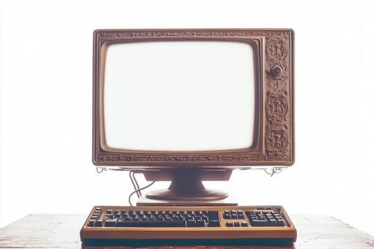An old computer monitor sits on top of a wooden desk.