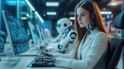 Woman with robot hand working at computer station