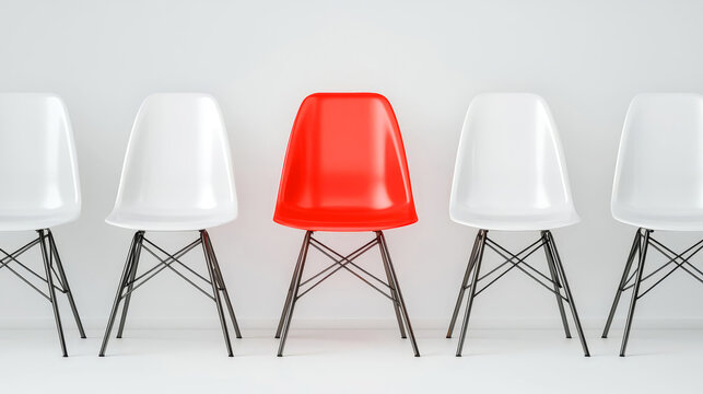 Highlighted red chair in the middle of a row of white chairs on white background Illustration of the concept of right candidate in job interviews