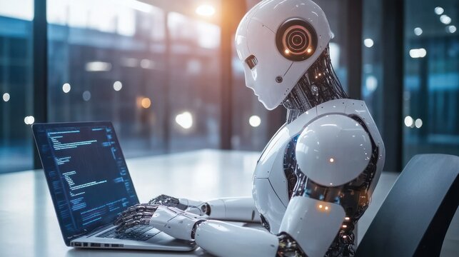 Robotic AI analyzes data efficiently at a computer.