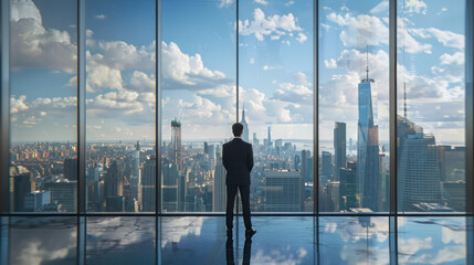 A powerful business leader in a sleek office, overlooking a city skyline, ready to discuss future business opportunities and strategic growth