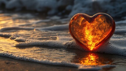 Fototapeta premium A heart-shaped glass object rests on a sandy beach, reflecting sunlight and waves.
