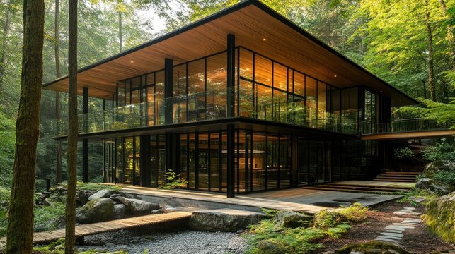 A nature-inspired eco-friendly building made from timber and recycled materials, blending seamlessly into its forest surroundings with large glass windows