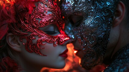 Masked couple sharing a kiss in an intimate and festive setting