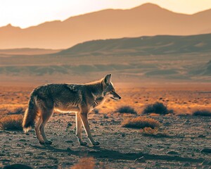 Fototapeta premium Coyote Silhouette in Arid Desert Landscape at Dusk with Dramatic Lighting