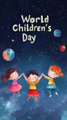 Naklejka premium Three happy children celebrate World Children's Day while holding hands against a cosmic backdrop