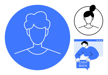 Three sketches highlight user profiles and a cashback concept using simple line art. Ideal for user profiles, cashback offers, finance themes, website designs, and minimalistic vector illustrations