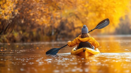 Woman kayaking on a calm river during a vibrant autumn day, surrounded by golden fall foliage.
