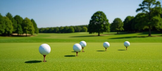 Stylized image featuring peaceful golf course landscape with undulating greens and towering trees
