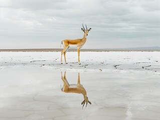 Solitary Antelope Standing on Dry Salt Flat with Faint Reflection