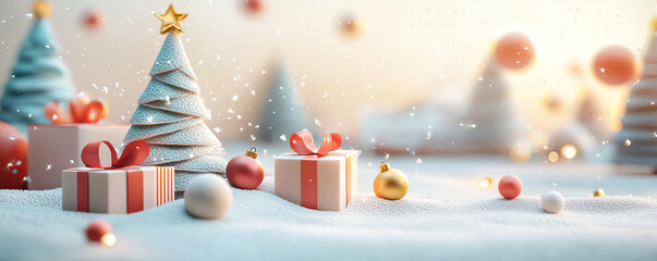 Handcrafted Christmas trees, miniature presents under snow, 3D illustration