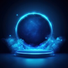 Fototapeta premium Futuristic Blue Neon Circle with Smoke and Platform.