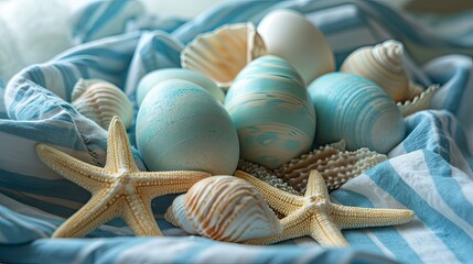 A nautical-themed Easter arrangement on a blue striped cloth, sea-blue and sand-coloured eggs are mixed with seashells and starfish