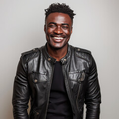 Obraz premium Portrait of a smiling black-haired African male model in his 30s wearing a stylish leather jacket