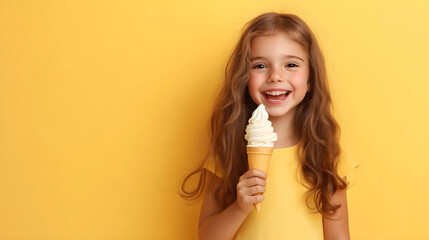 Cheerful girl with long hair holding ice cream cone on yellow isolated background. Summer cold desserts. joy of holidays, relaxation in childhood years. Poster, banner, wallpaper, copy space
