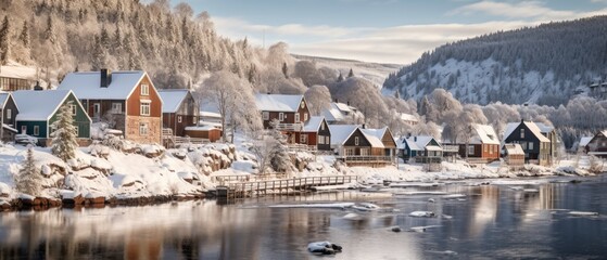 Winter village with snow covered houses