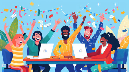 A productive remote work team celebrating a project milestone via video call, reinforcing team spirit and recognizing individual contributions.