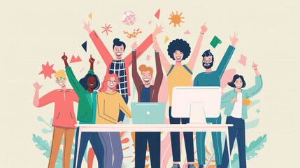 A productive remote work team celebrating a project milestone via video call, reinforcing team spirit and recognizing individual contributions.