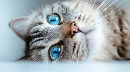 A charming cat with bright blue eyes lies upside down, relaxed, exuding a sense of ease, playfulness, and affection typical of beloved household pets.