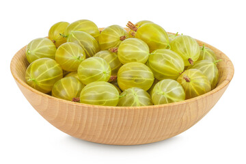Green gooseberry in wooden bowl isolated on white background with full depth of field