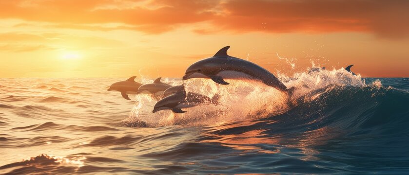 Playful pod of dolphins jumping