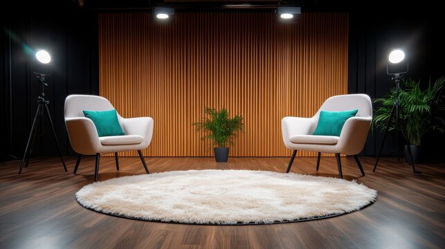 A modern studio setup featuring two comfortable armchairs with green pillows, professional lighting, and a wooden backdrop, creating an inviting interview space.