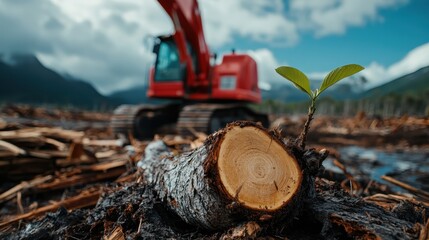 Fototapeta premium A close-up shot of a tree stump with a new plant sprouting nearby, with a construction vehicle in the background, representing nature vs. development tension.