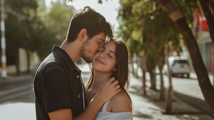 Obraz premium Young couple shares tender moment on tree-lined street. Man in black jacket stands with gaze directed towards camera. Woman in white shirt hugs man, eyes locked with. Street lined with trees, leaves